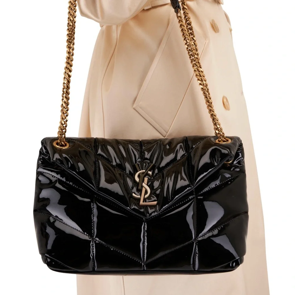 Yves Saint Laurent ysl Loulou puffer black patent shoulder bag gold straps $2990